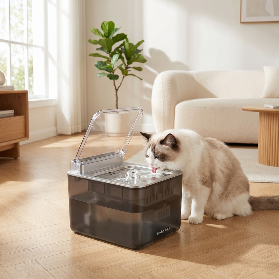Pawfect Touch Cat Water Fountain — ragdoll cat drinking from wireless 3L stainless steel fountain in a bright modern home