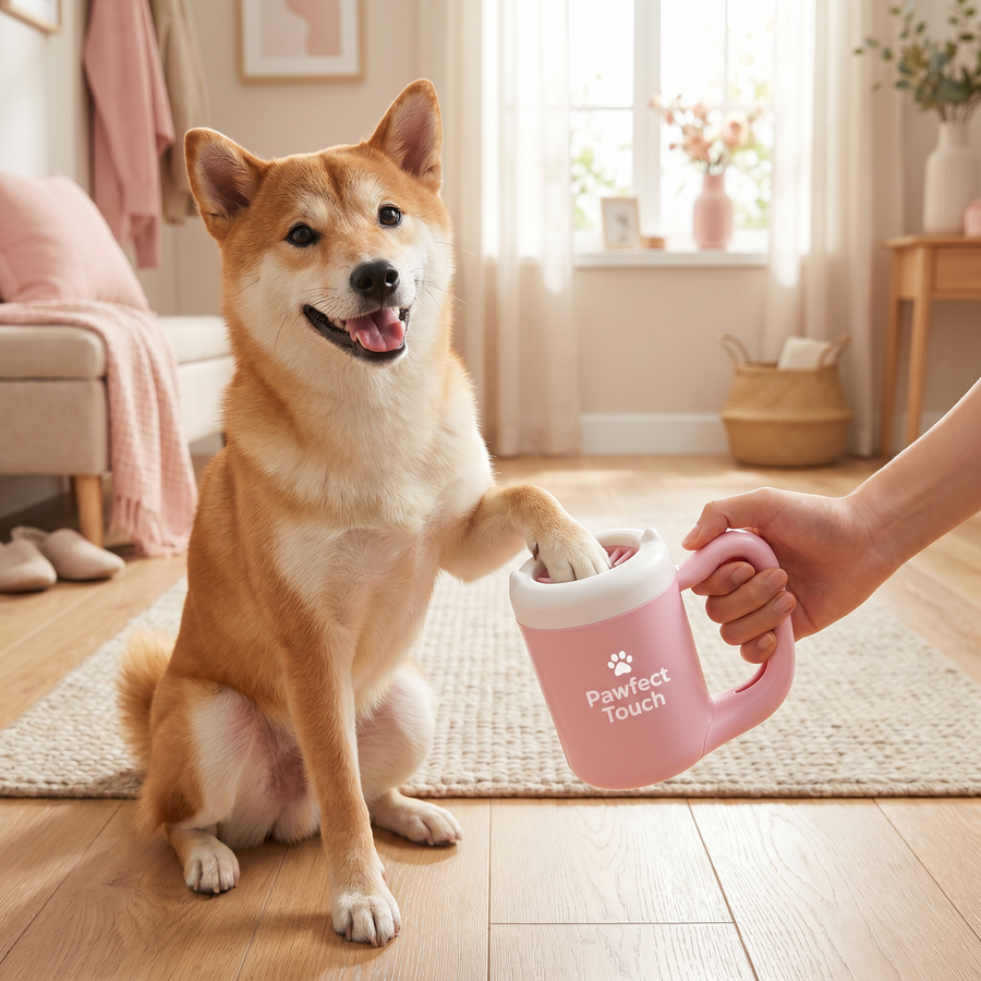 Pawfect Touch Paw Cleaner Cup — happy Shiba Inu getting muddy paw gently cleaned at home