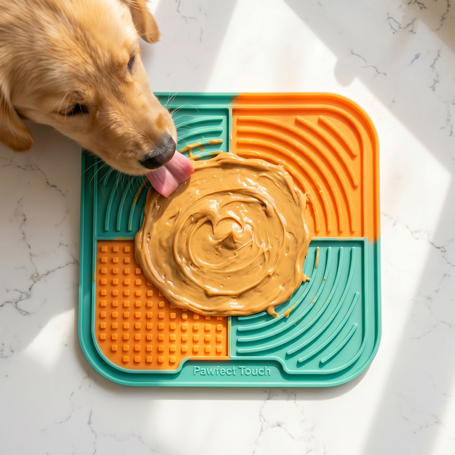 Pawfect Touch Lick Mat — top-down view spread with peanut butter, golden retriever licking