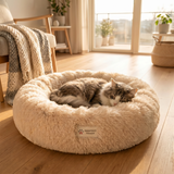 Pawfect Touch Calming Donut Bed — cat sleeping, logo tag