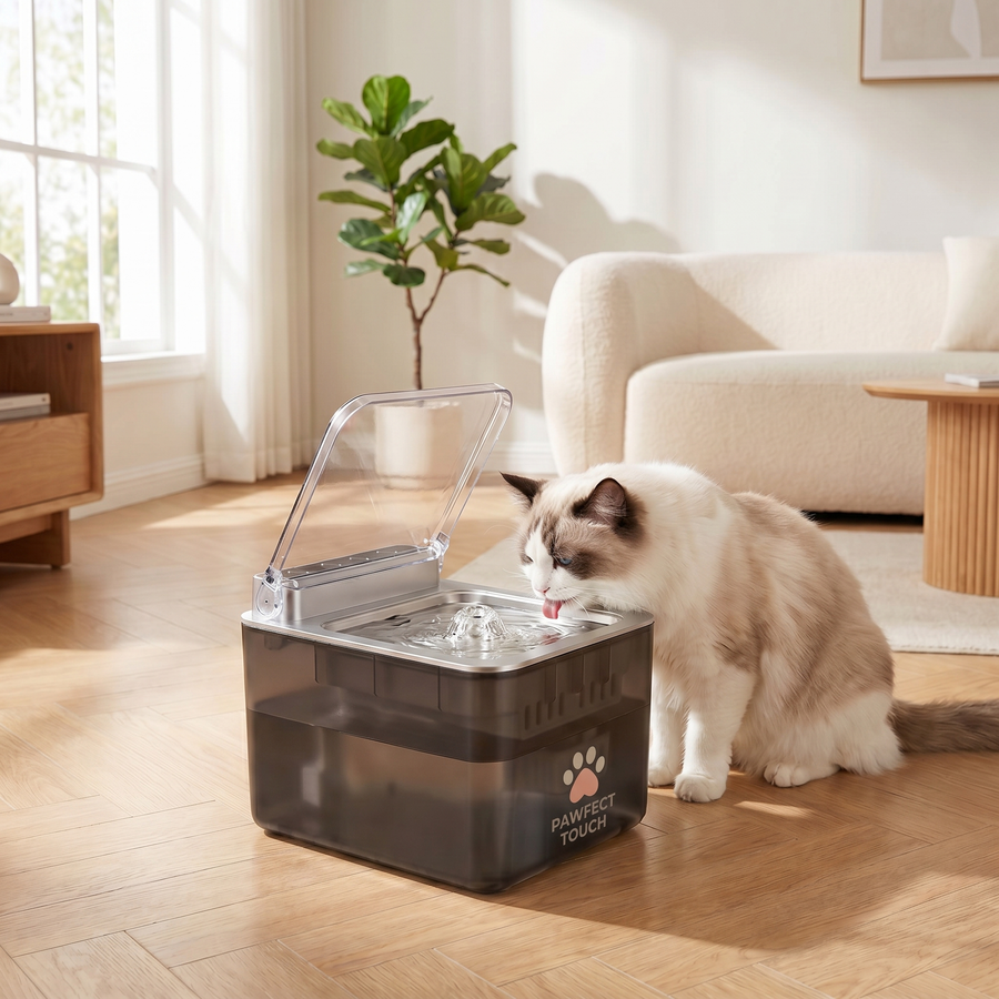 Pawfect Touch Cat Water Fountain — cat drinking, logo on base