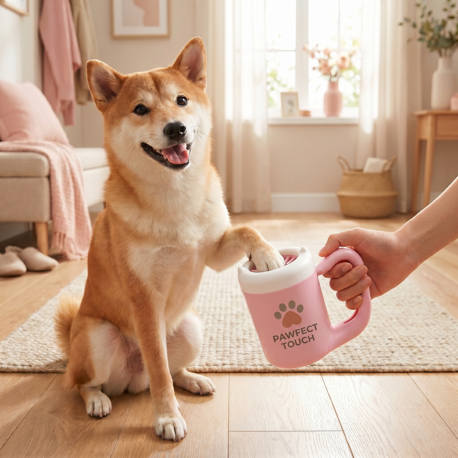 Pawfect Touch Paw Cleaner Cup — Shiba paw dipped, logo on cup