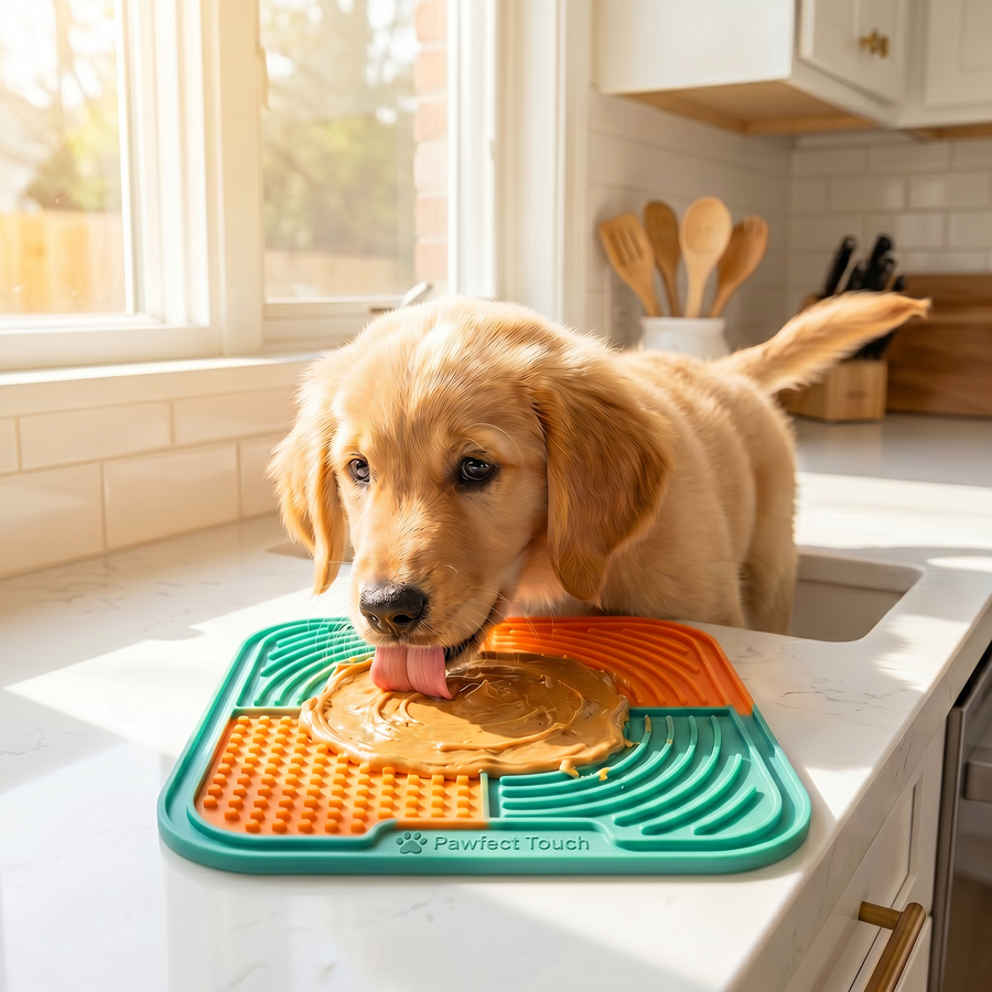 Pawfect Touch Lick Mat — golden retriever licking, logo on mat