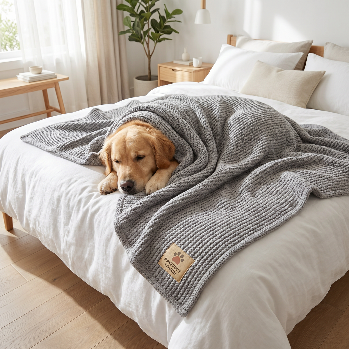 Pawfect Touch Weighted Calming Blanket — calm dog snuggled underneath