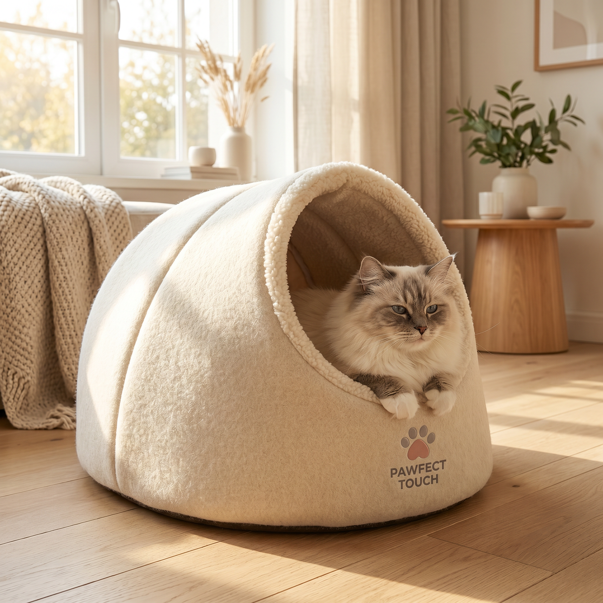 Pawfect Touch Calming Cave Bed — cat peeking out of the hooded dome bed