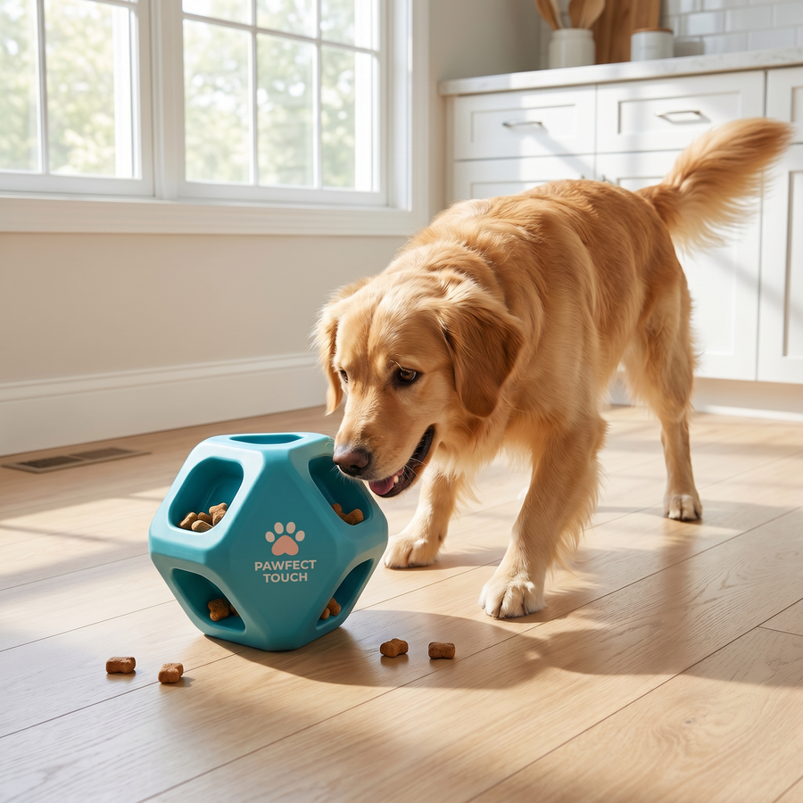 Pawfect Touch Treat Puzzle Dispenser — dog playing with the treat puzzle toy