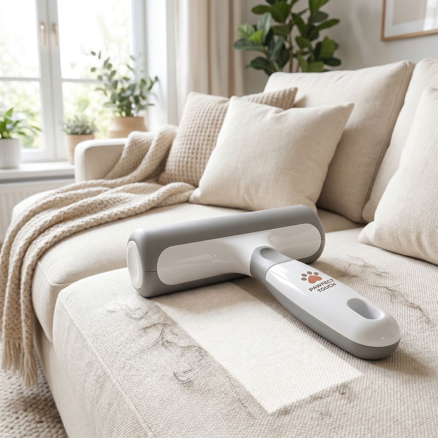 Pawfect Touch Reusable Pet Hair Remover — self-cleaning roller on a couch