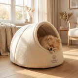 Pawfect Touch Calming Cave Bed — small dog curled up asleep inside the dome