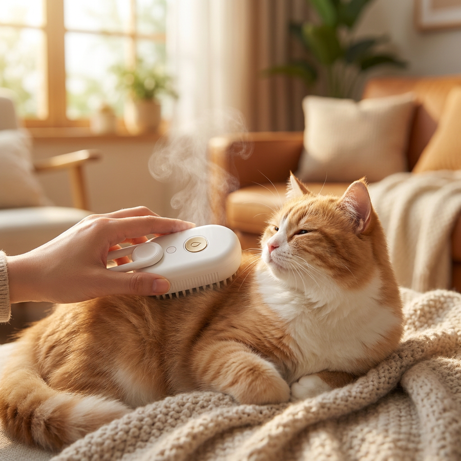 Happy cat being groomed with the Pawfect steam brush in a cozy sunlit living room