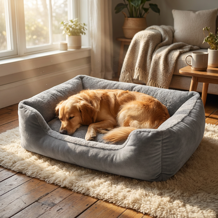 Golden retriever resting in the Pawfect all-in-one pet bed in a cozy sunlit living room