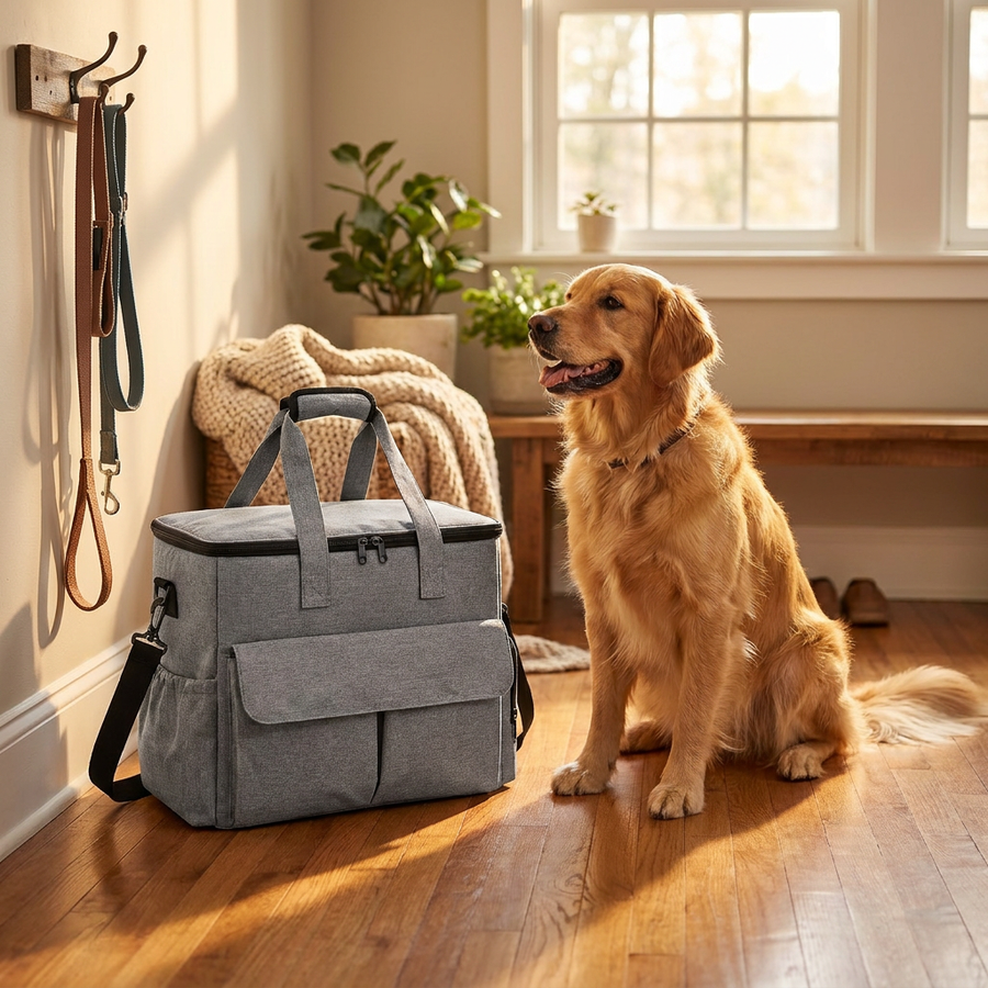 Grey Pawfect pet travel bag in a sunny home entryway with a happy golden retriever
