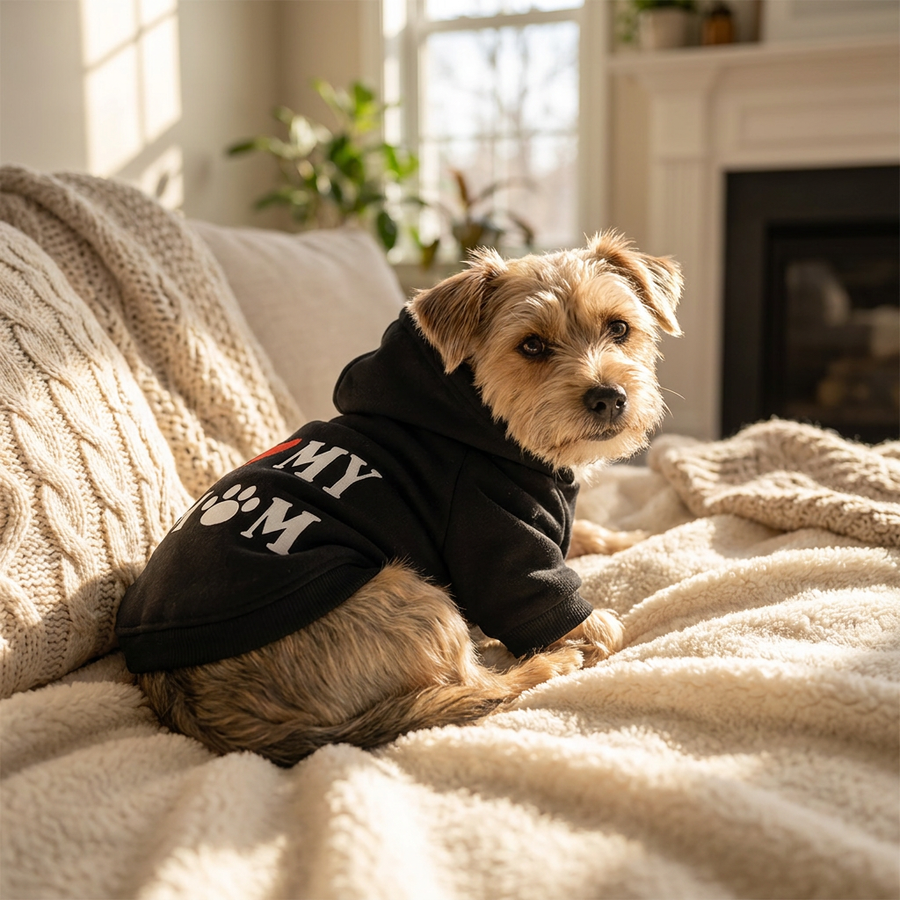 Small dog wearing the black I Love My Mom fleece sweater on a cozy bed by the fireplace