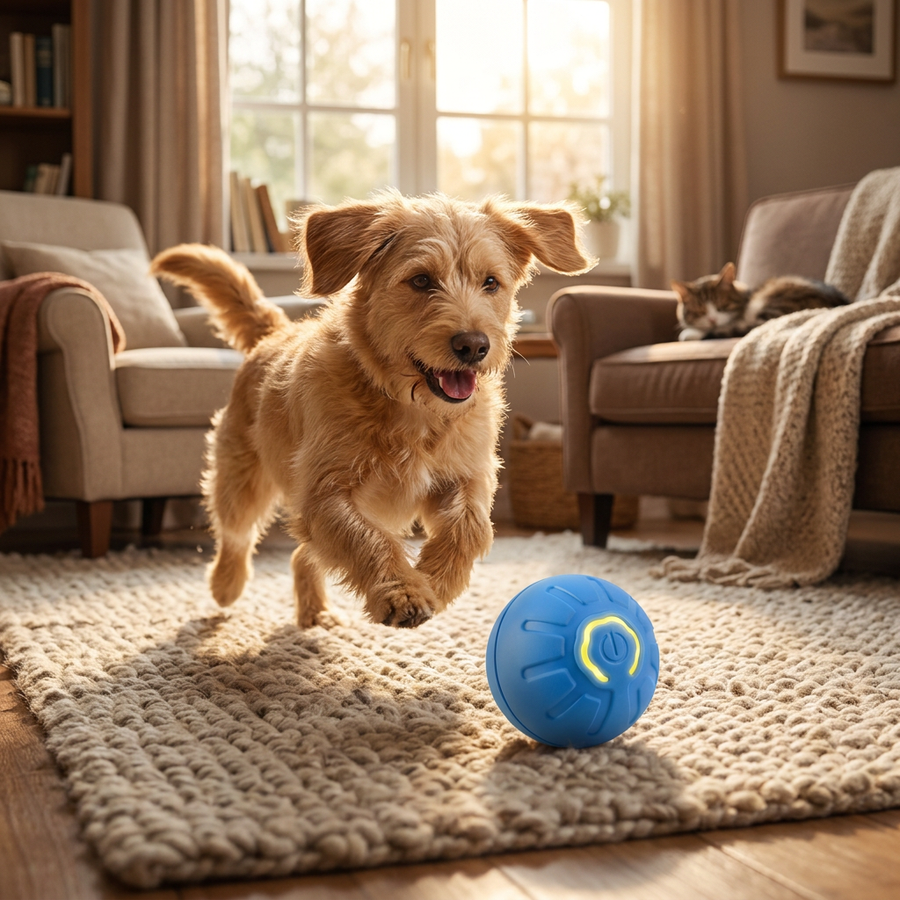Happy dog chasing the blue Pawfect smart toy ball across a cozy living room rug