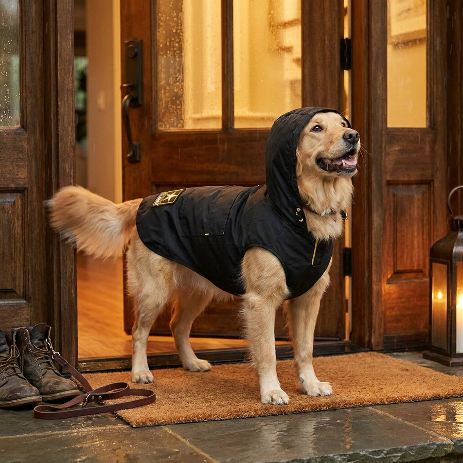 Golden retriever wearing the black US Army hooded raincoat at a cozy front door