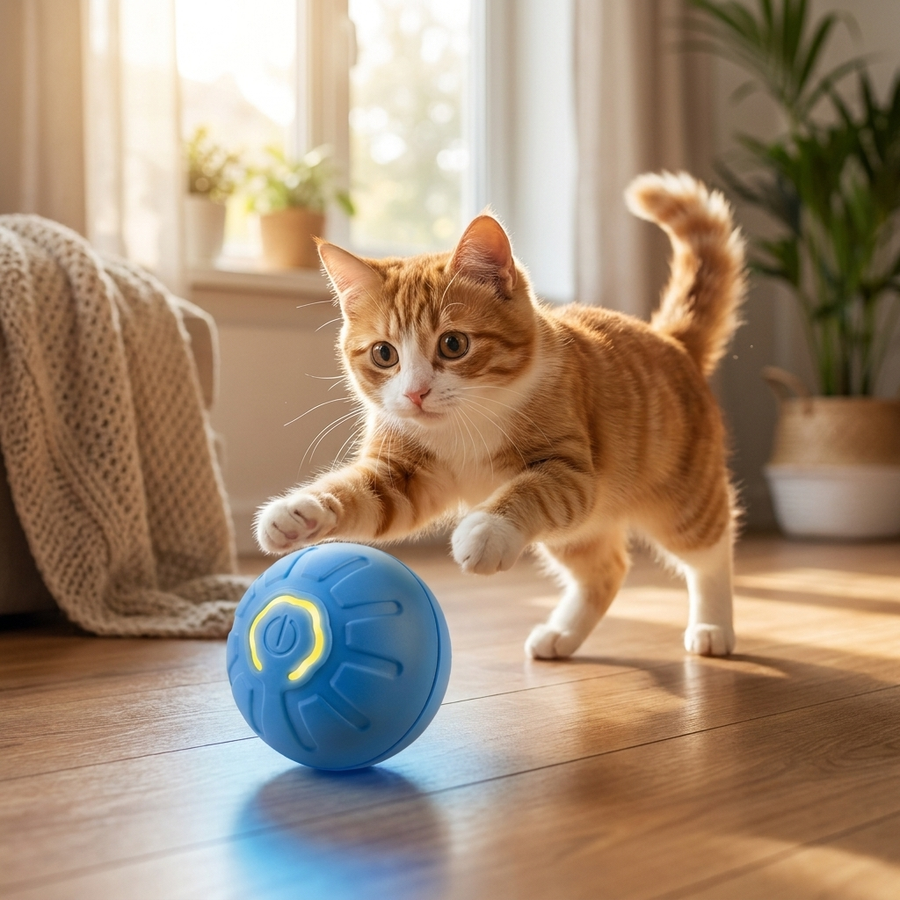 Curious cat playing with the blue Pawfect interactive smart ball on a warm wooden floor