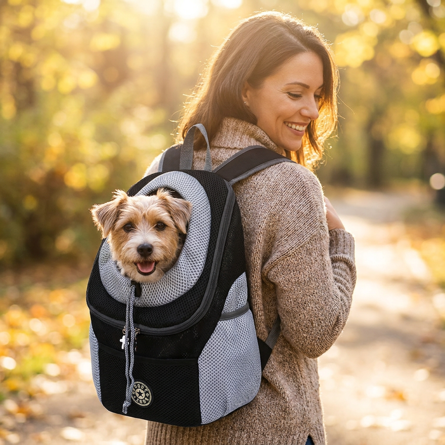 Person carrying a happy small dog in the Pawfect mesh pet carrier on an autumn walk