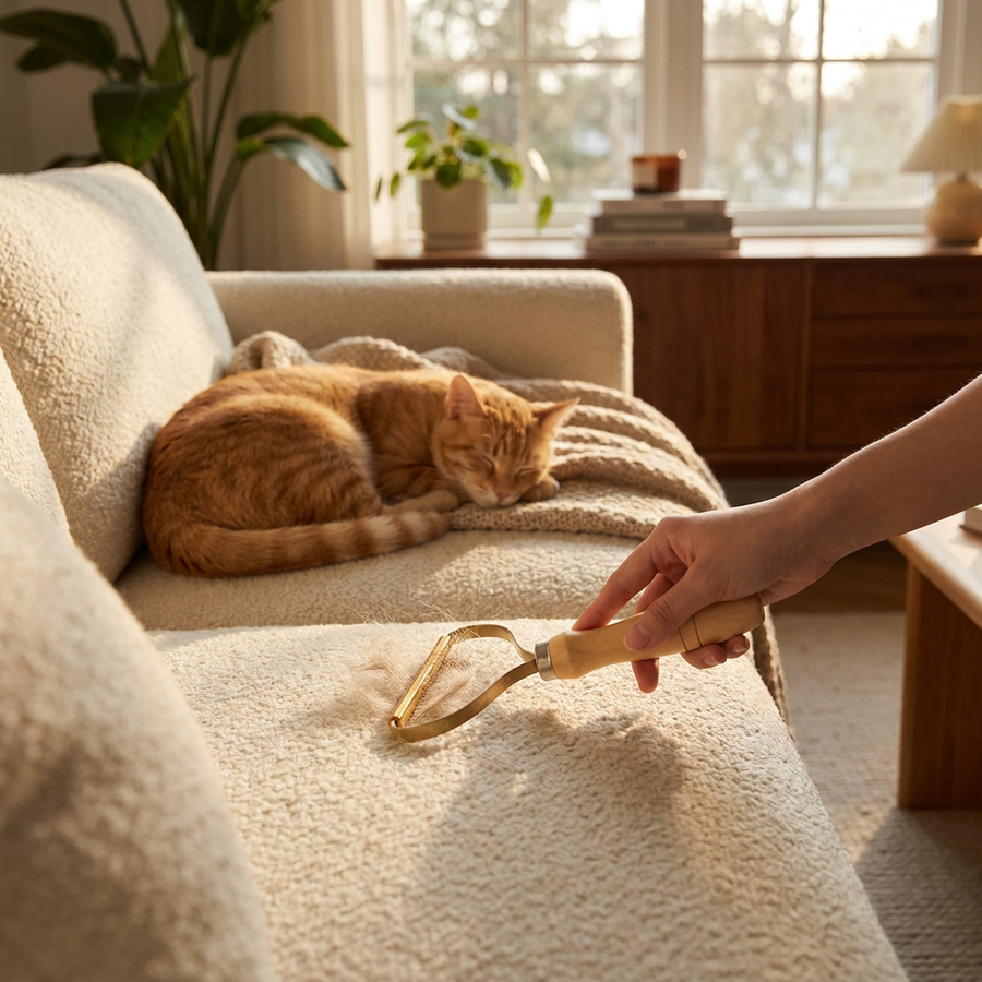 Hand using the brass and wood pet hair remover on a cozy sofa with a cat resting nearby