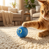 Playful pet with the blue Pawfect smart toy ball, cozy living room
