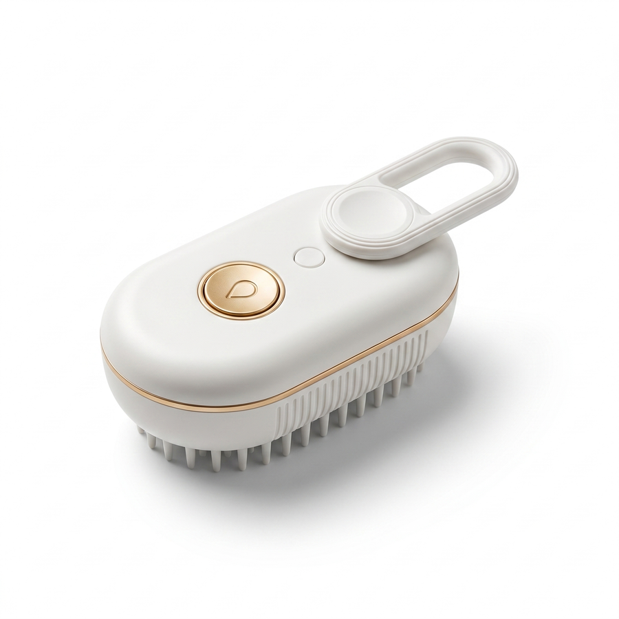 Cat Pet Steam Brush — white background studio photo, top
