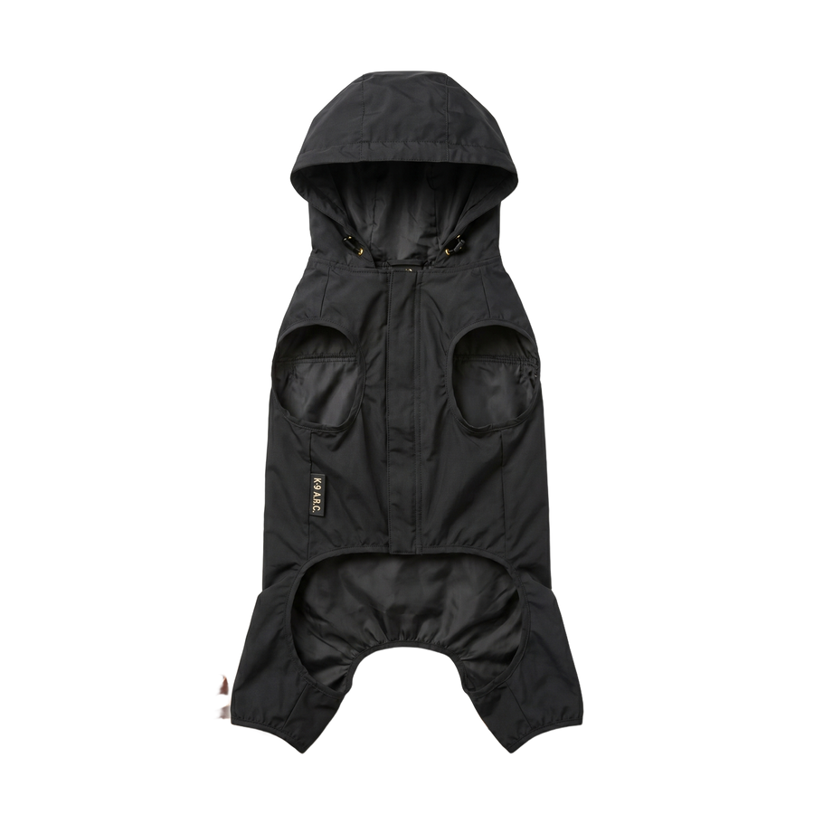 Black Packable Dog Raincoat — clean white background, front